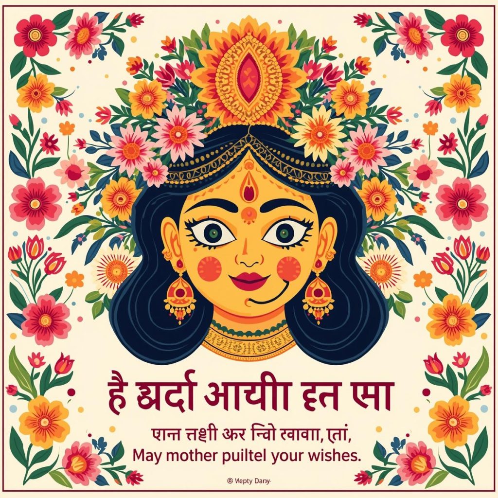 Cartoon Maa Durga greeting card with Jai Mata Di wishes in Hindi.