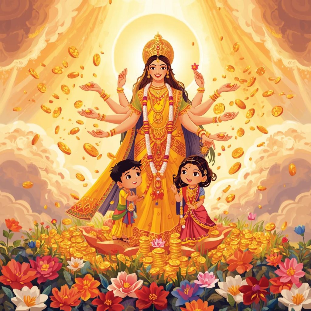 God Lakshmi Devi blessing a family with gold coins and flowers