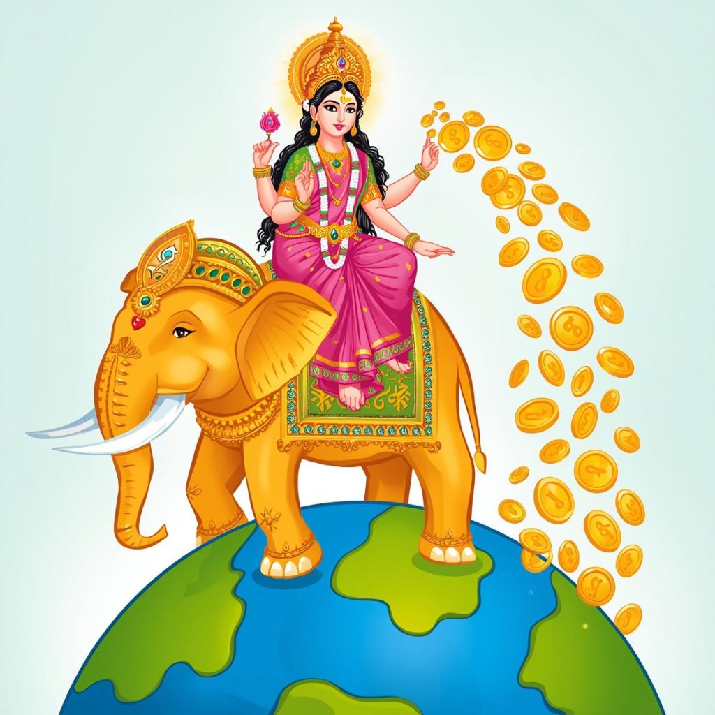Goddess Lakshmi sitting on a golden elephant, showering gold coins
