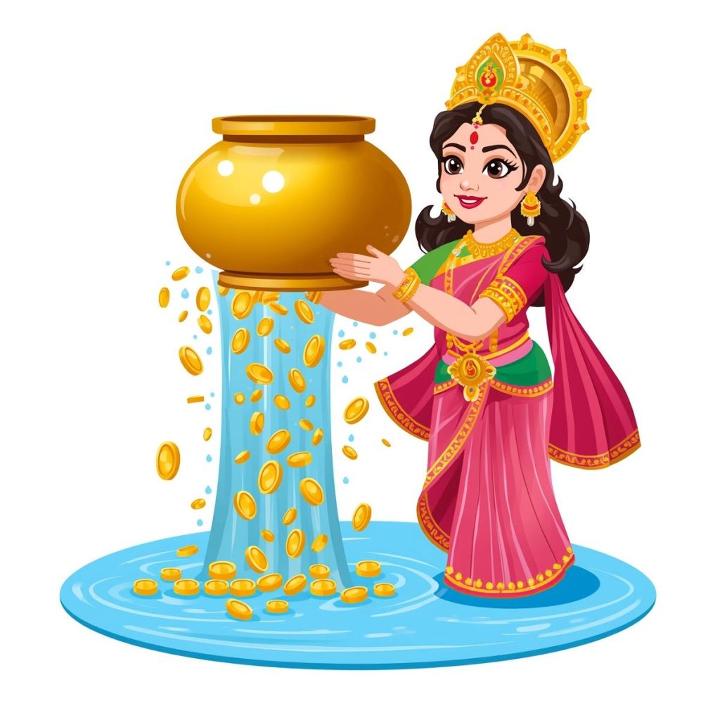 Goddess Lakshmi with a golden pot pouring coins into water