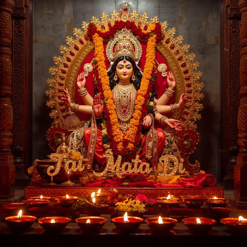 Goddess Durga idol decorated with flowers and diyas, “Jai Mata Di” written.