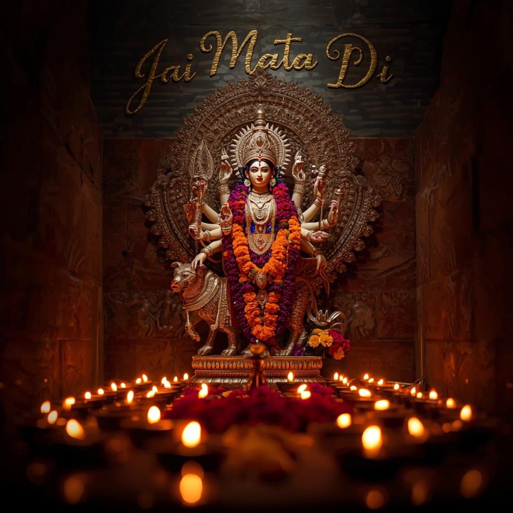 Goddess Durga idol decorated with flowers and diyas, “Jai Mata Di” written.