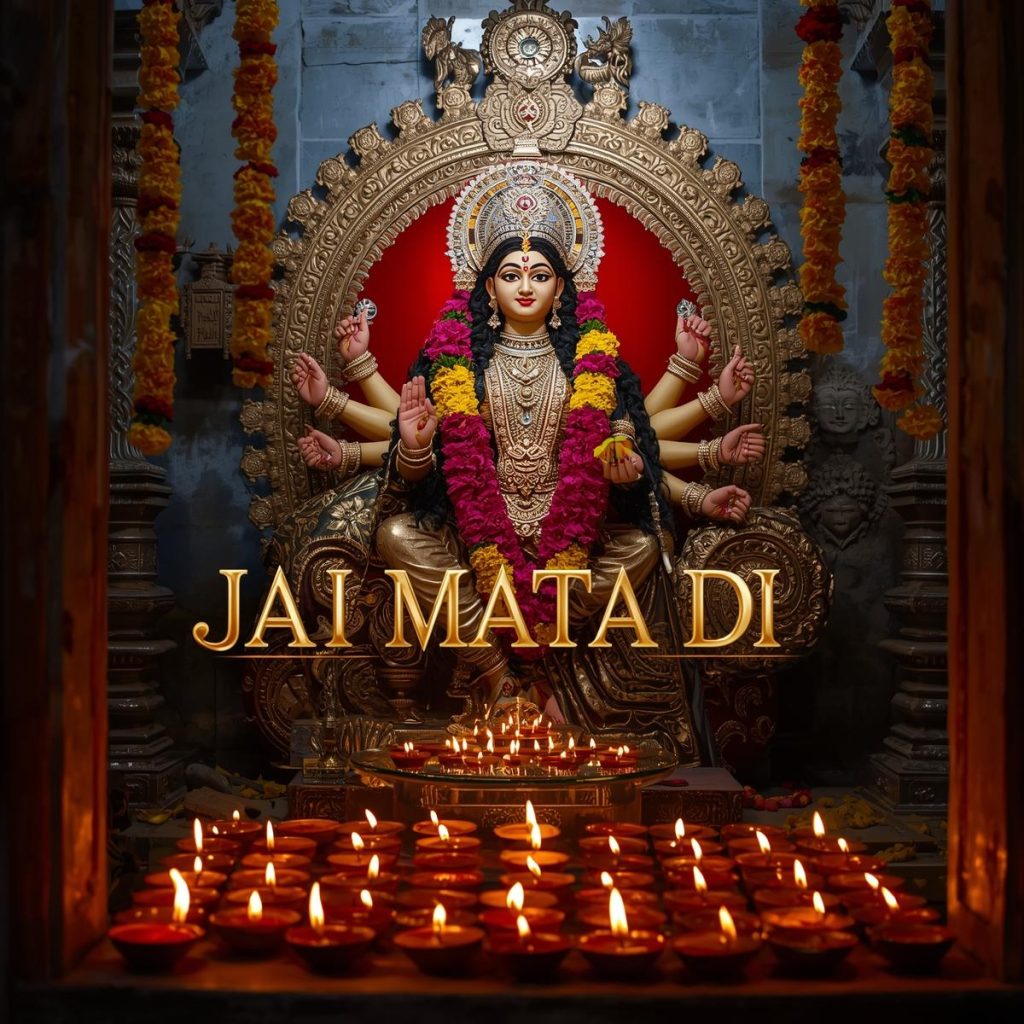 Goddess Durga idol decorated with flowers and diyas, “Jai Mata Di” written.