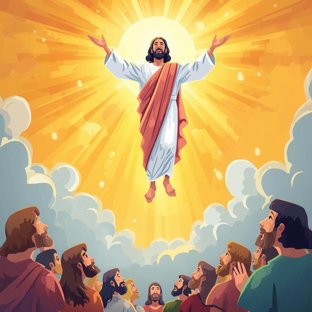 Jesus ascending to heaven, with his disciples looking up in awe