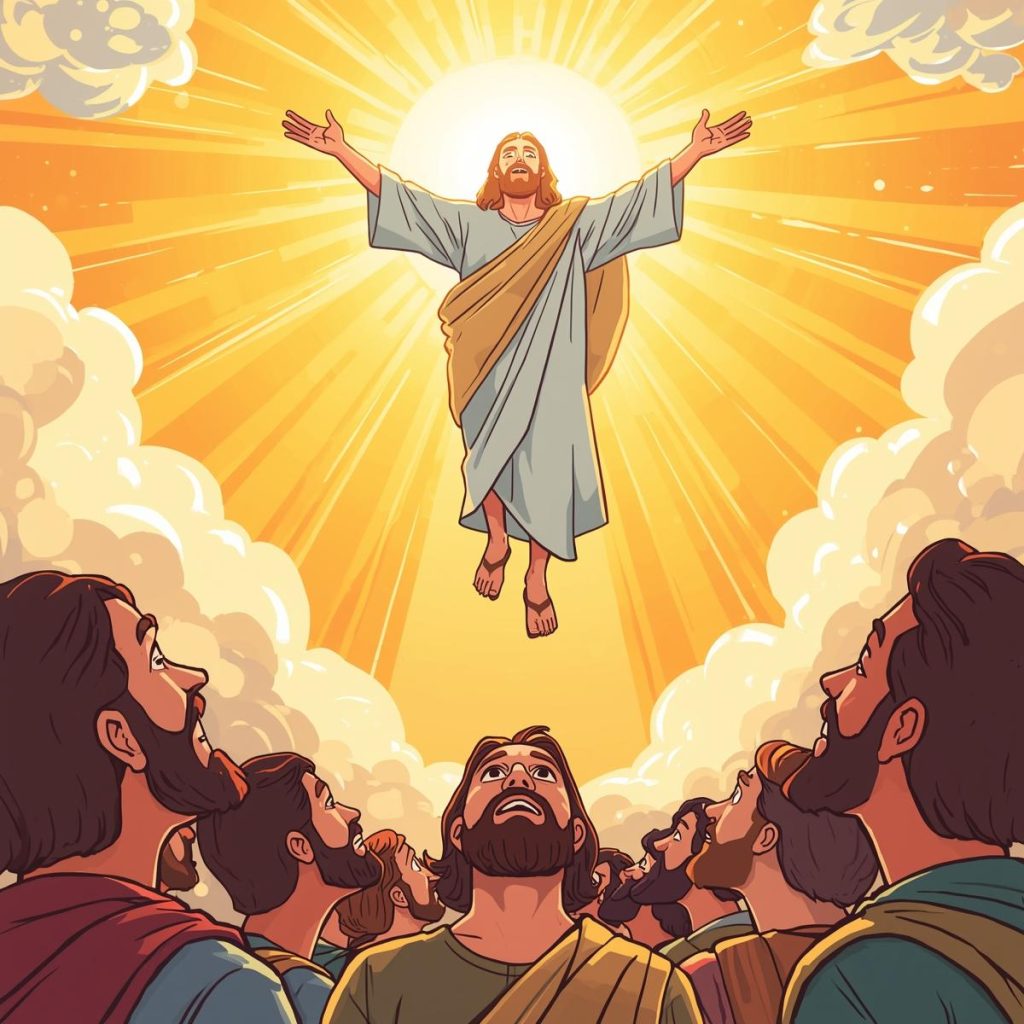 Jesus ascending to heaven, with his disciples looking up in awe