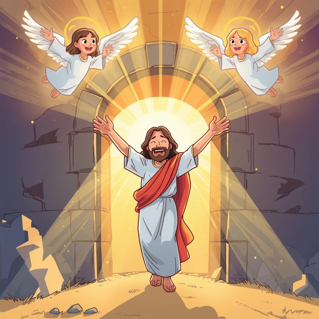 Jesus emerging from the tomb, with radiant light and angels celebrating.