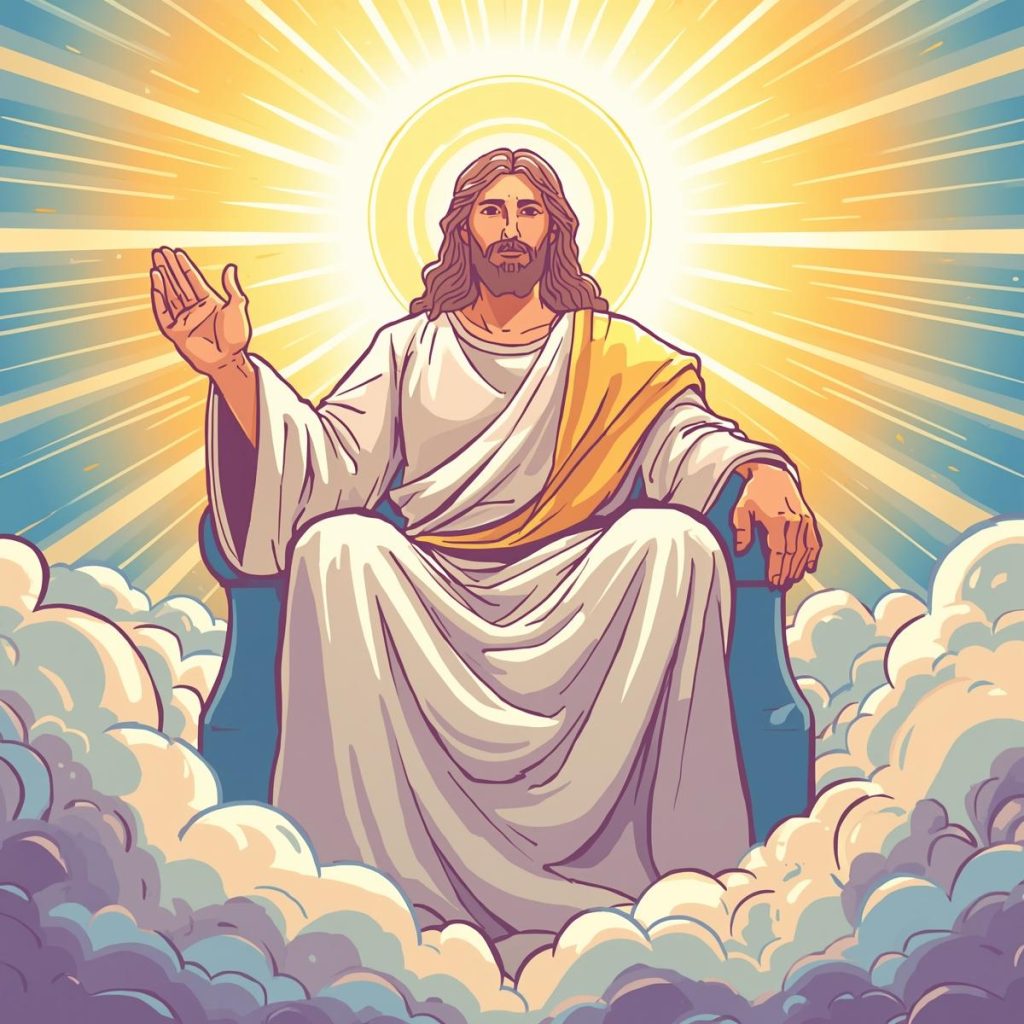 Jesus seated at the right hand of God, bathed in divine light