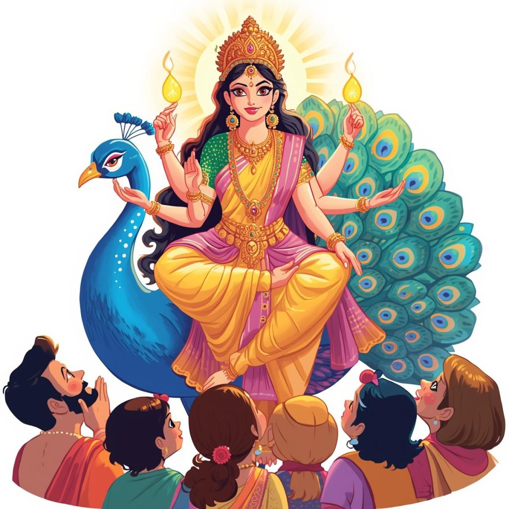 Lakshmi Devi blessing devotees while riding a peacock