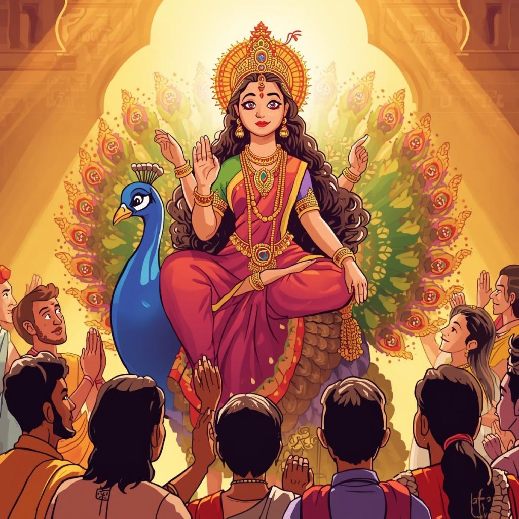 Lakshmi Devi blessing devotees while riding a peacock