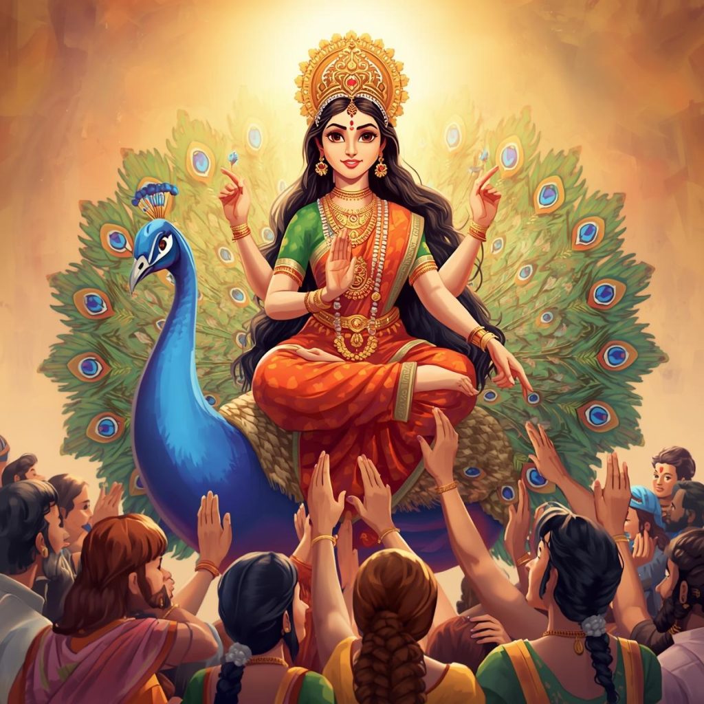 Lakshmi Devi blessing devotees while riding a peacock