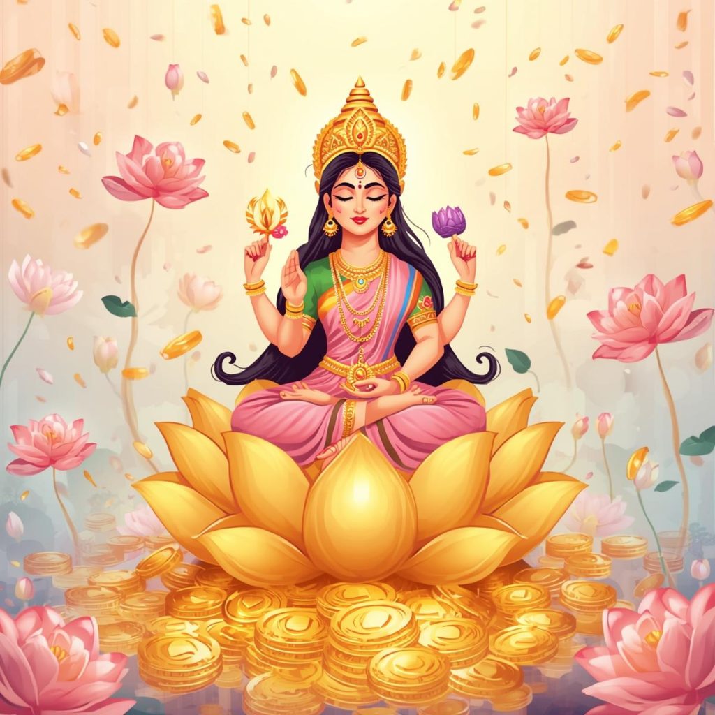 Lakshmi Mata meditating on a golden lotus surrounded by gold coins and lotus flowers