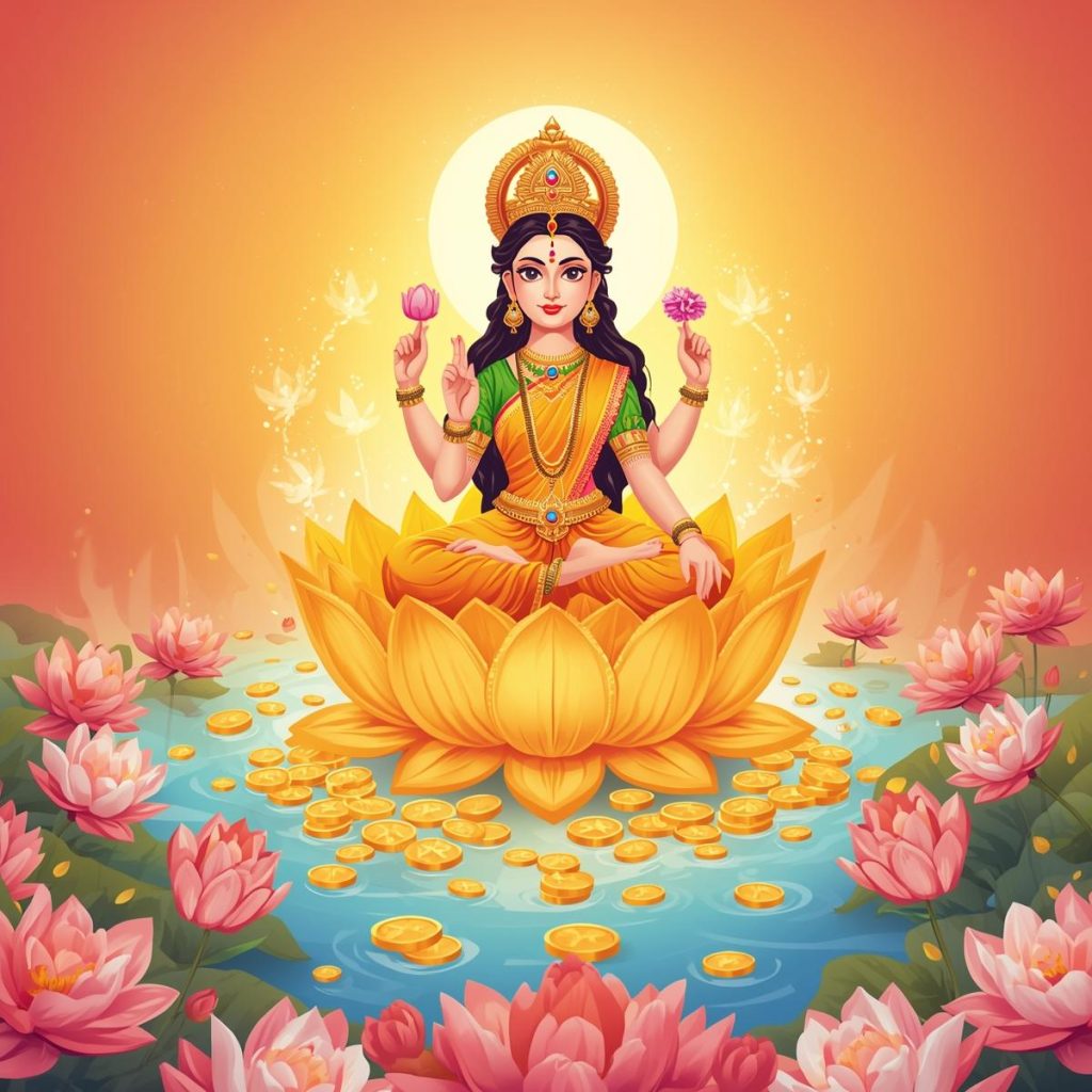 Lakshmi Mata meditating on a golden lotus surrounded by gold coins and lotus flowers