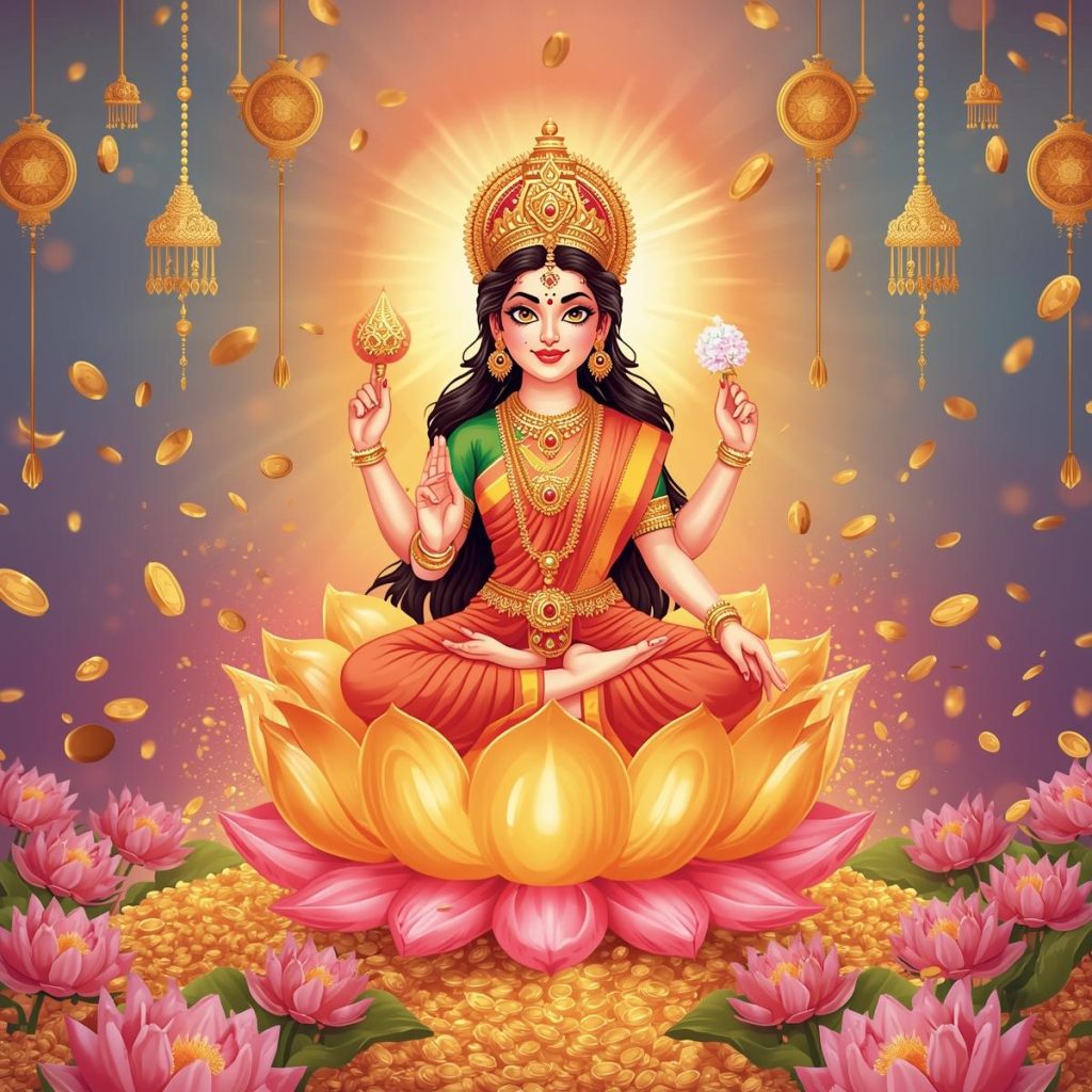 Lakshmi Mata meditating on a golden lotus surrounded by gold coins and lotus flowers