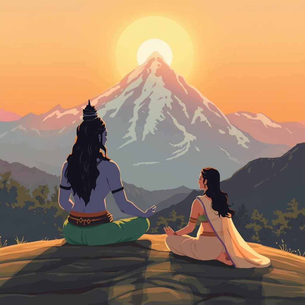 Lord Shiva and Goddess Parvati peacefully seated at Mount Kailash.