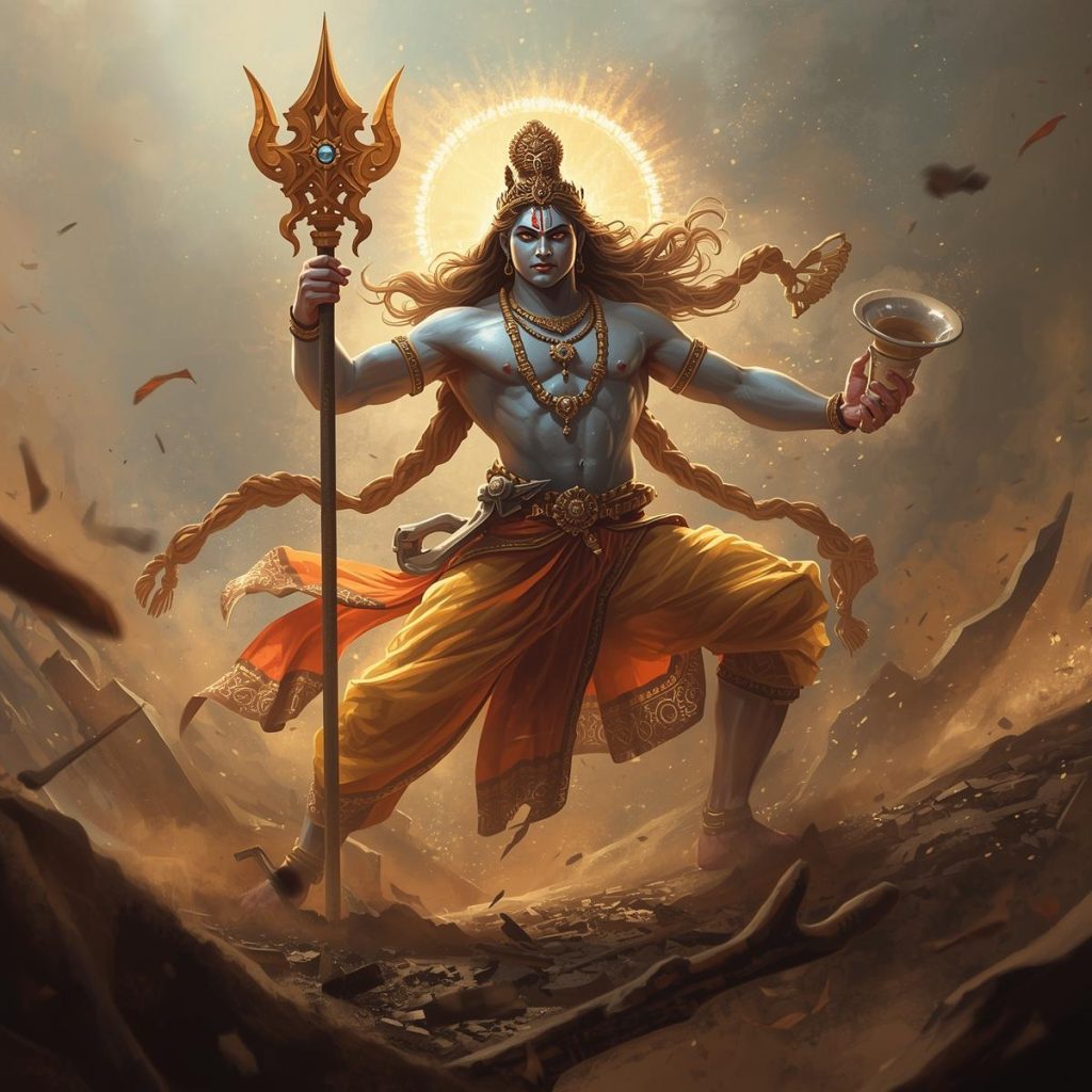 Maha Yodha Krishna cartoon, standing tall with his Sudarshan Chakra and conch in a warrior's pose.