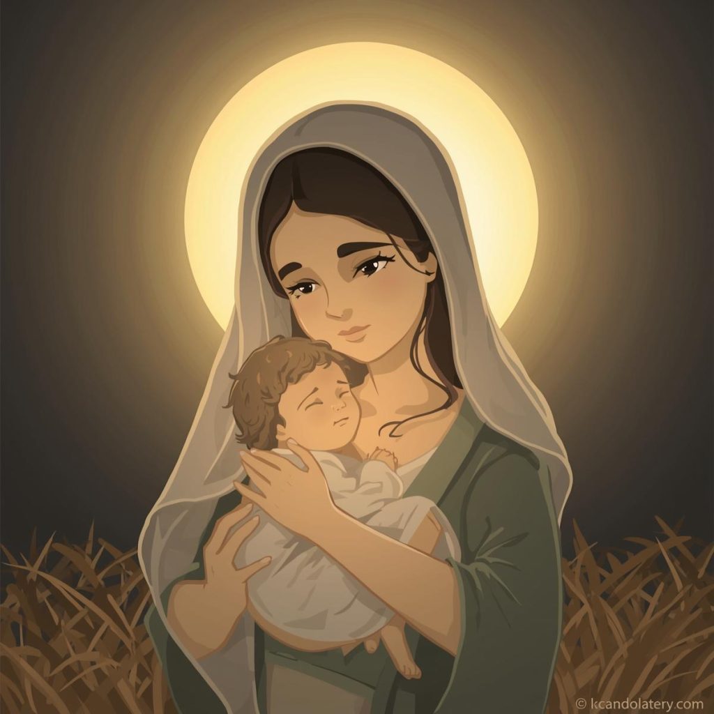 Mary holding infant Jesus, with a soft glow illuminating them