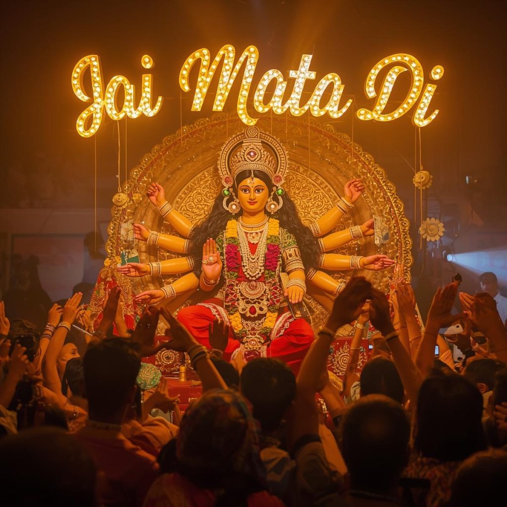 Navratri Durga idol photo with glowing Jai Mata Di text for status.