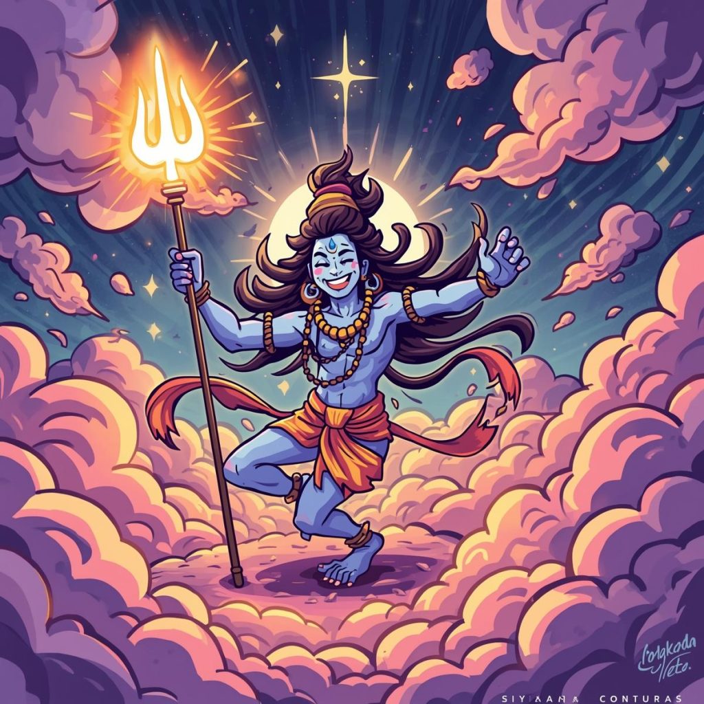 Cartoon Lord Shiva dancing Tandava with trident and cosmic energy.