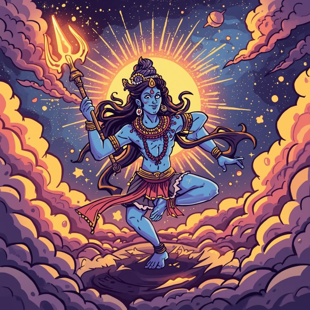 Cartoon Lord Shiva dancing Tandava with trident and cosmic energy.