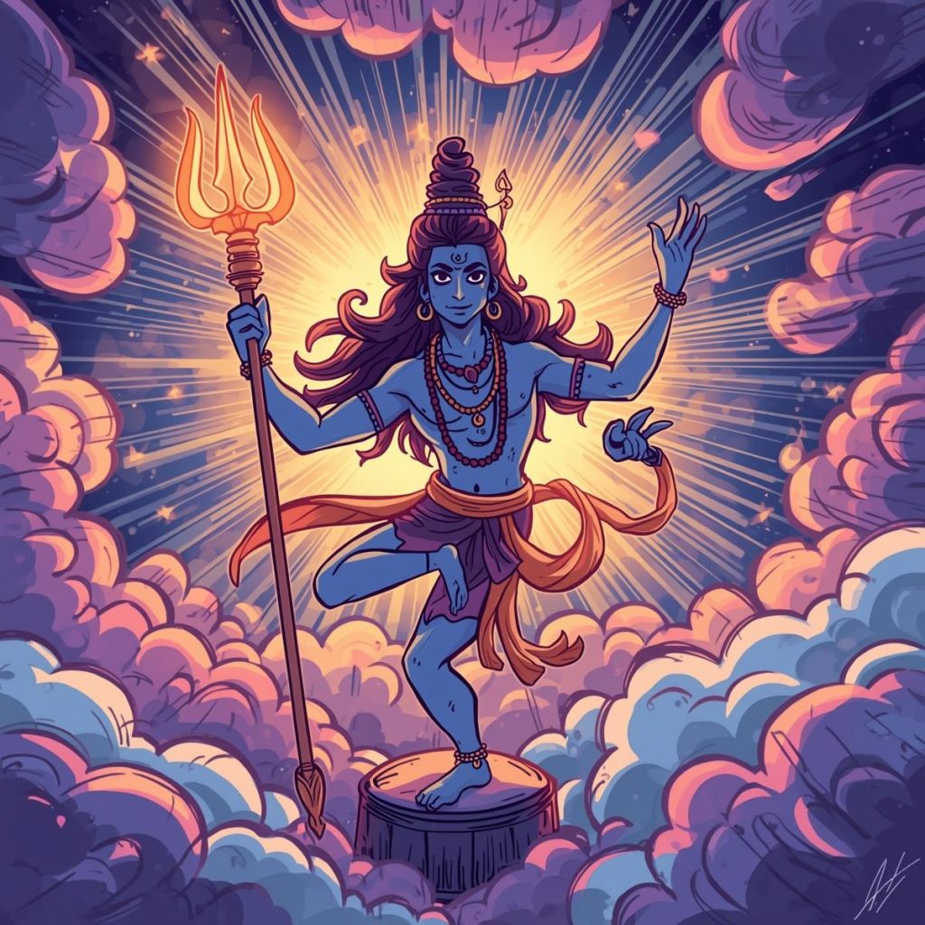 Cartoon Lord Shiva dancing Tandava with trident and cosmic energy.
