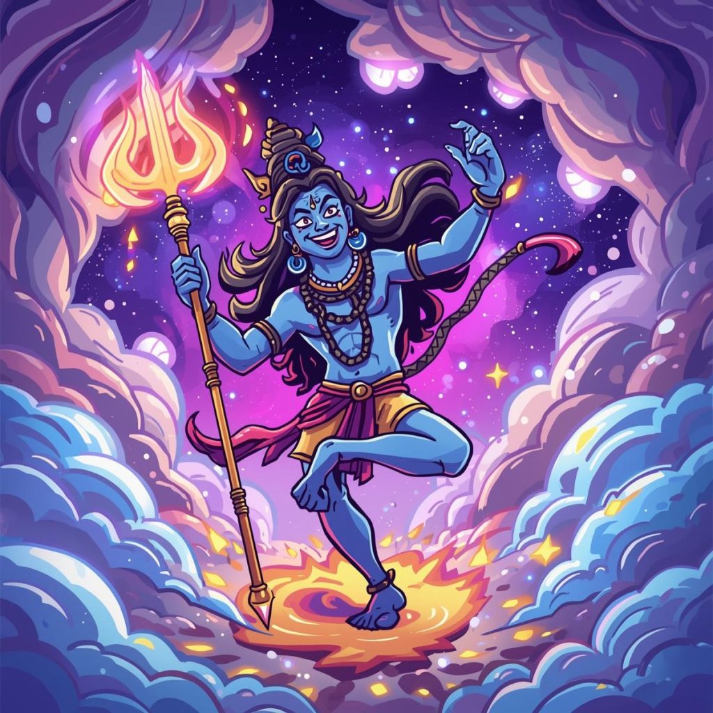 Cartoon Lord Shiva dancing Tandava with trident and cosmic energy.