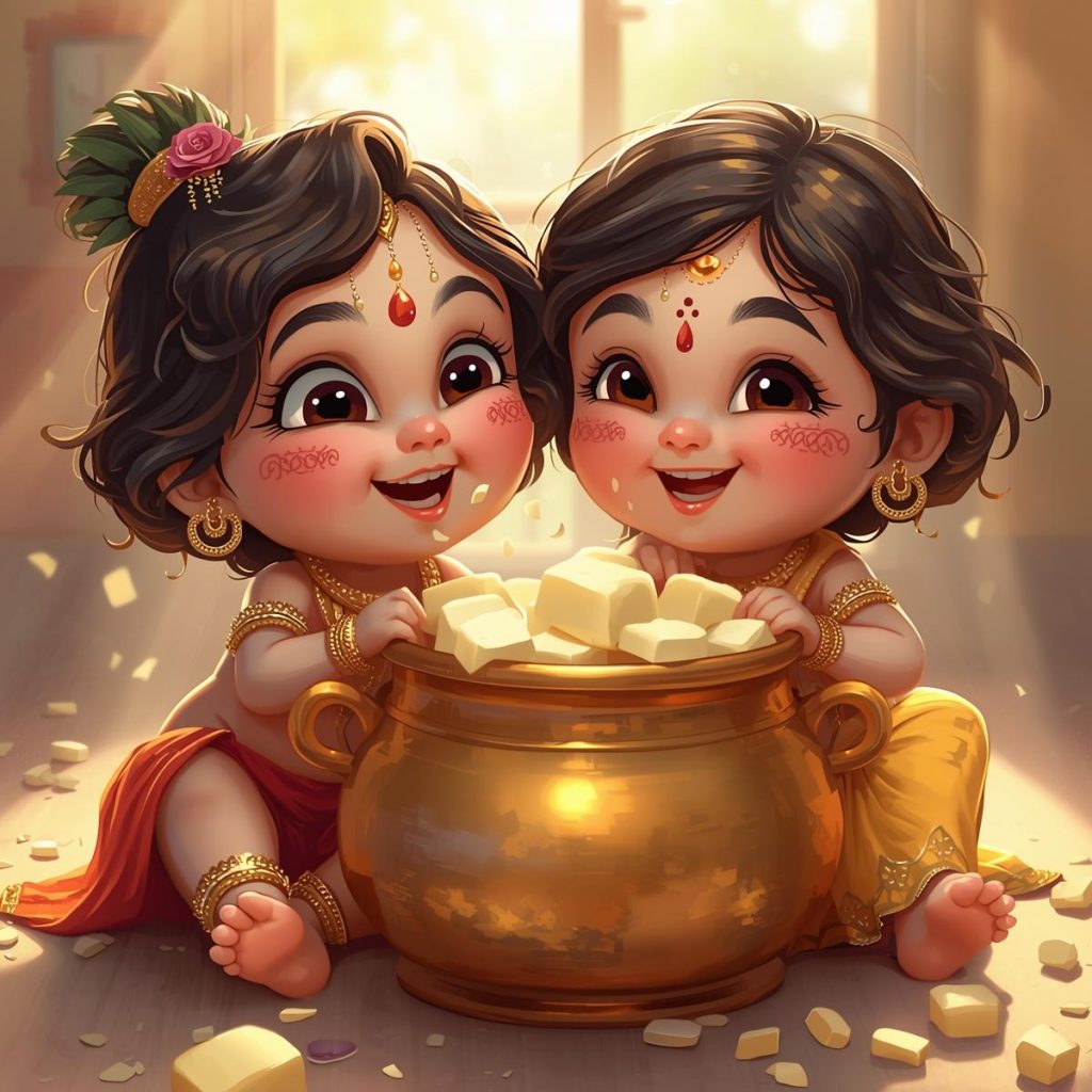 Cartoon Radha Krishna eating butter together with joyful expressions.