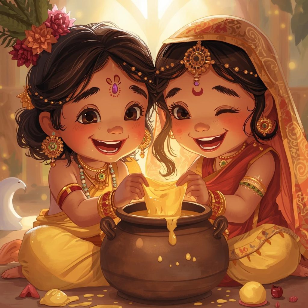 Cartoon Radha Krishna eating butter together with joyful expressions.