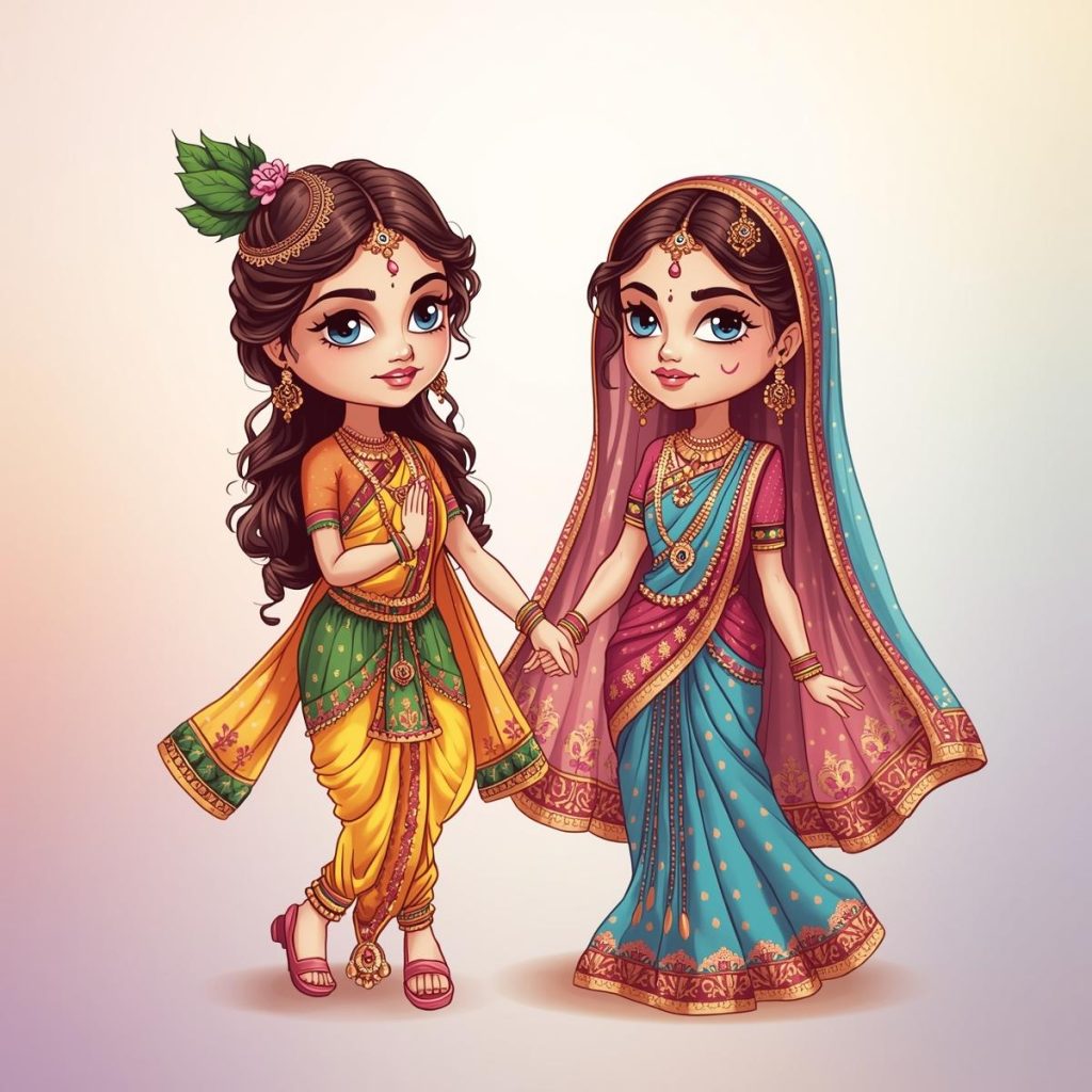 Cartoon of Radha and Krishna dolls, beautifully dressed in traditional outfits, holding hands.