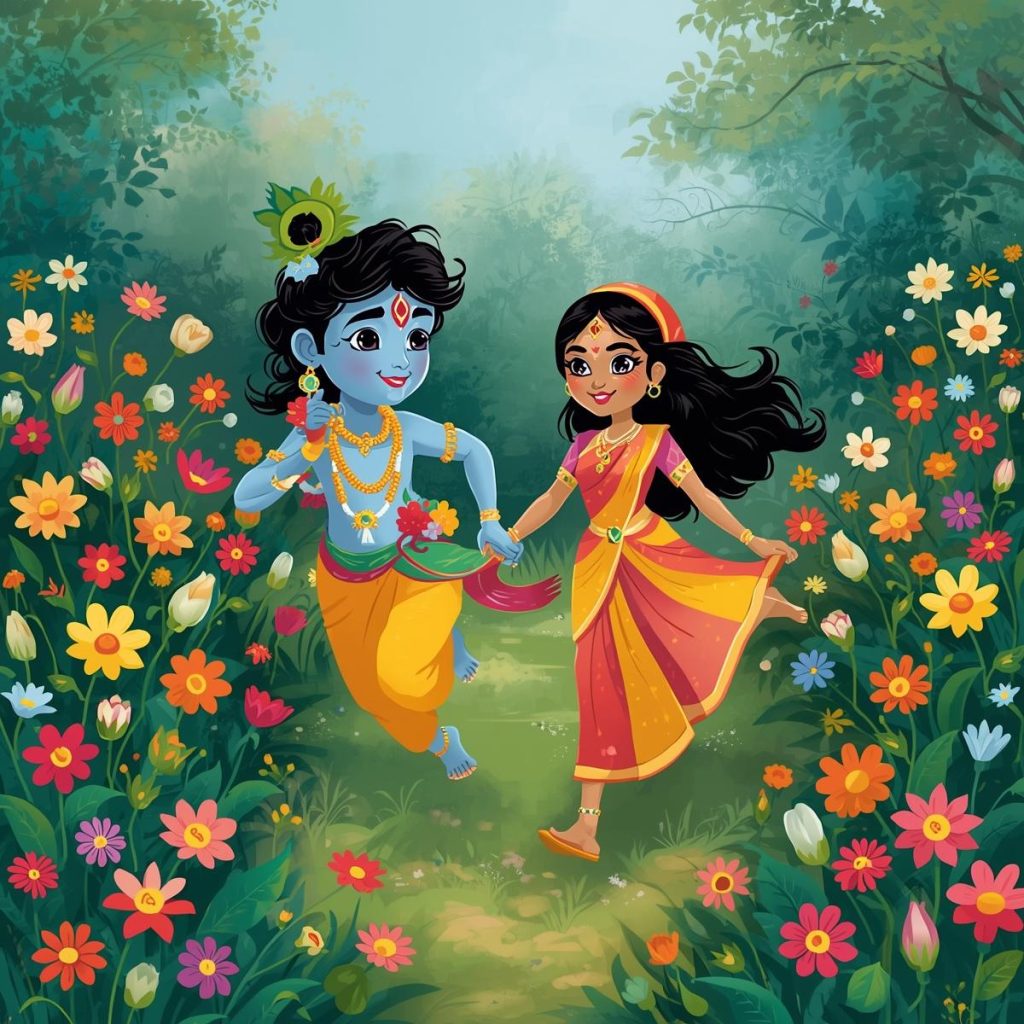 Cute Radha Krishna cartoon running happily in a garden full of flowers.