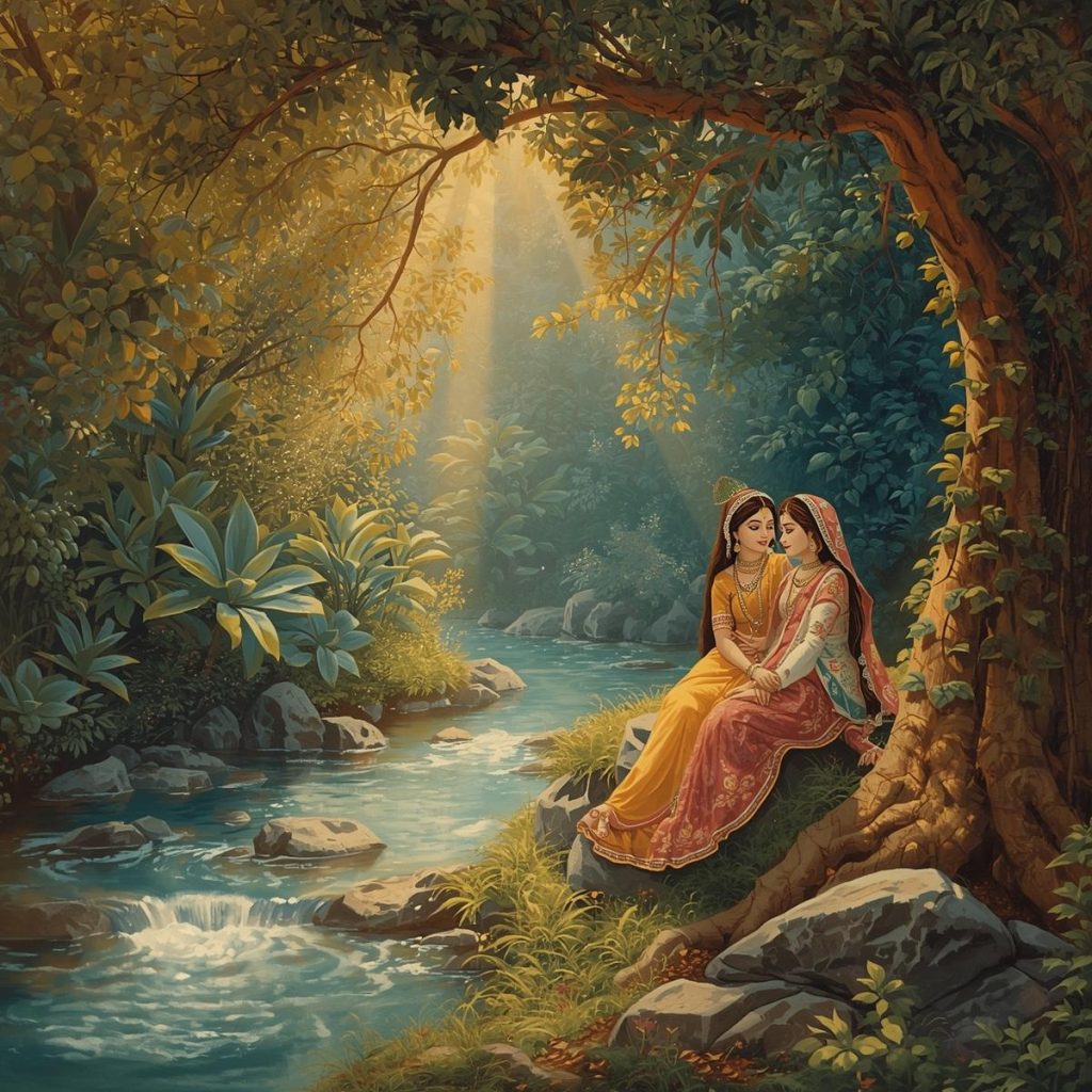 Radha and Krishna sharing an intimate moment by the river, surrounded by nature.
