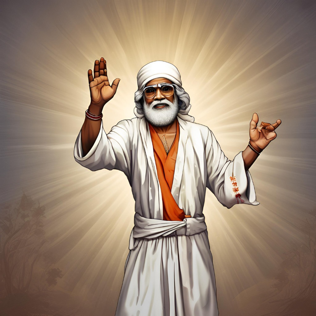 Sai Baba blessing people, surrounded by golden light and a spiritual aura.