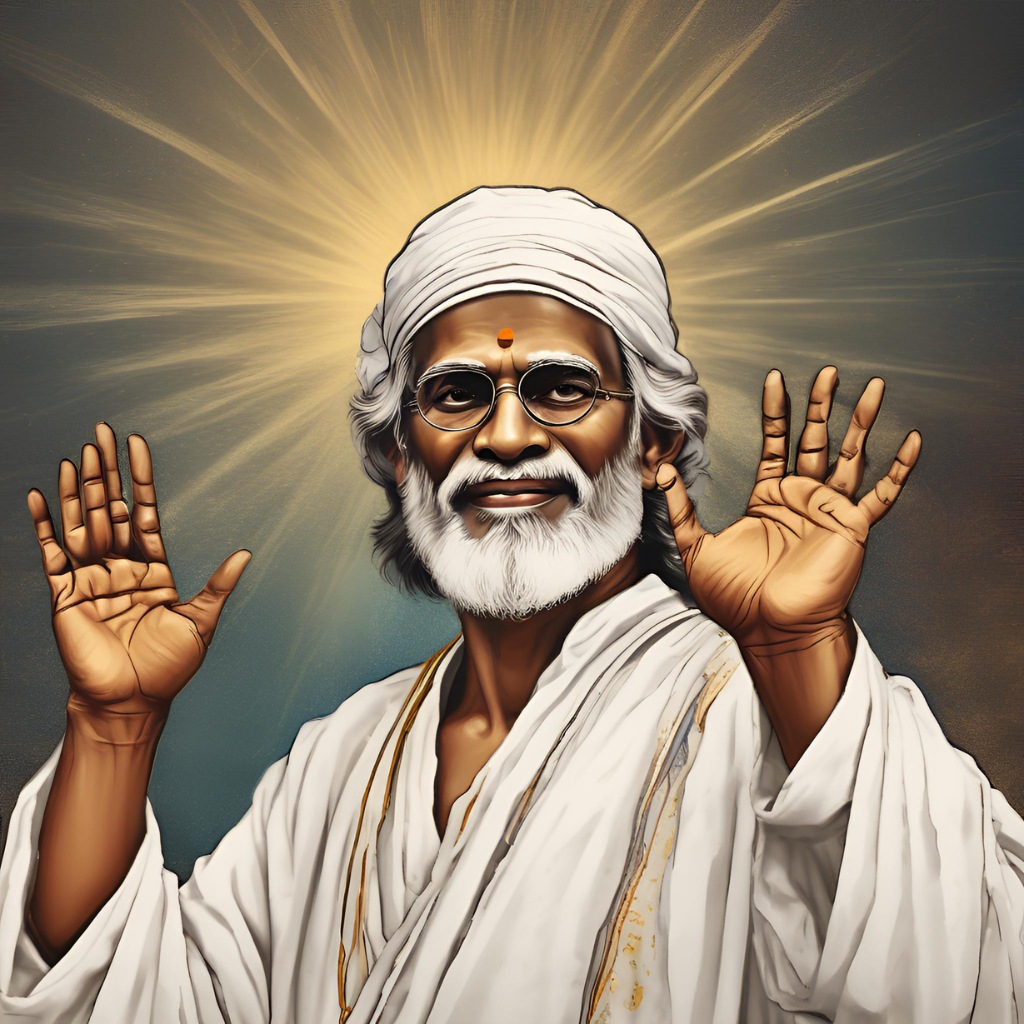 Sai Baba blessing people, surrounded by golden light and a spiritual aura.