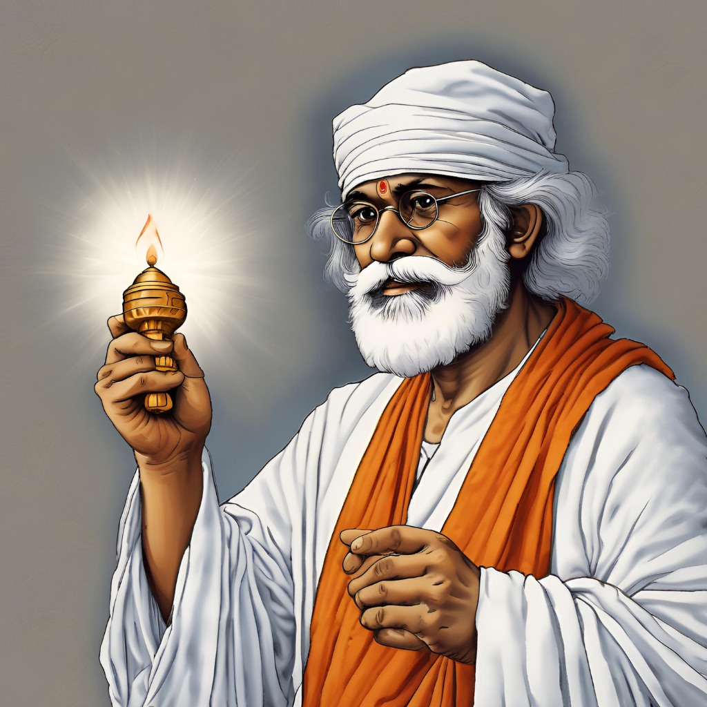 Sai Baba holding a lamp, symbolizing spiritual light and guidance.
