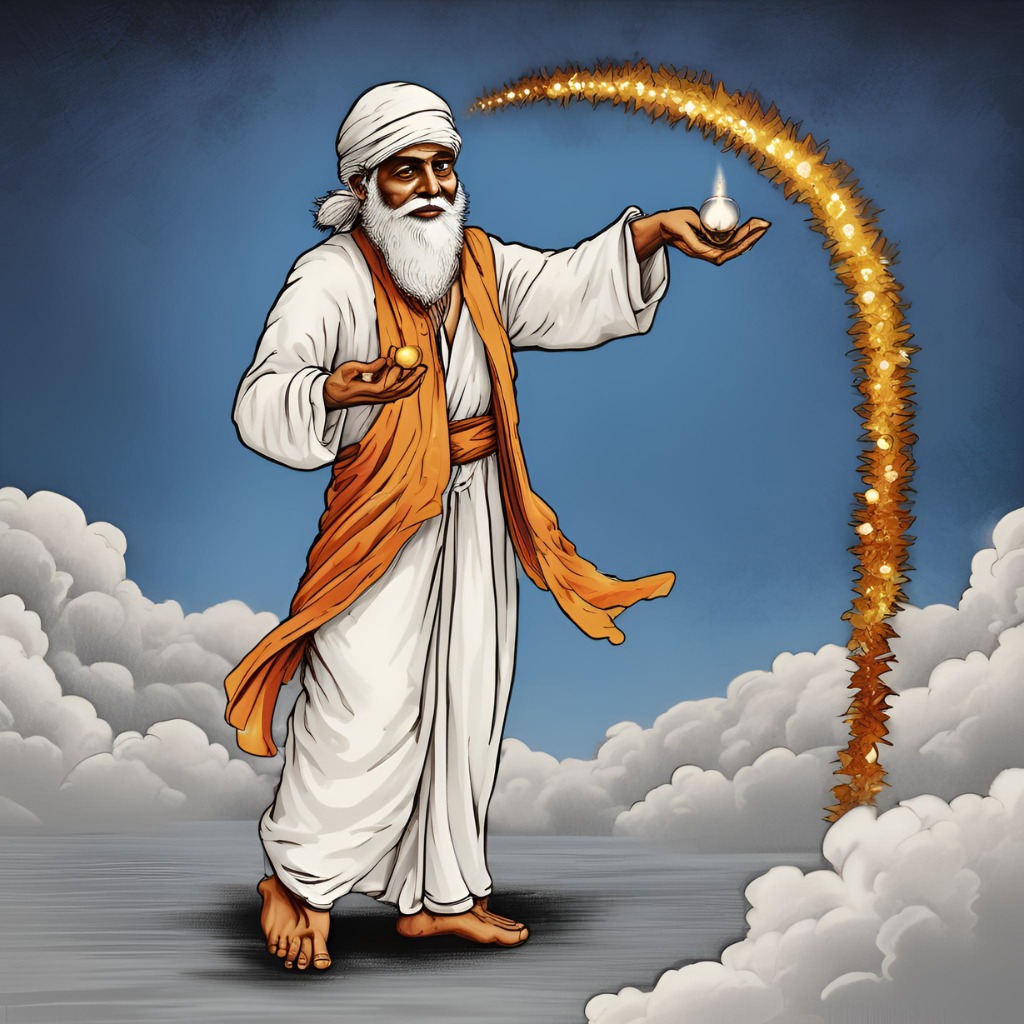 Sai Baba holding a lamp, symbolizing spiritual light and guidance.