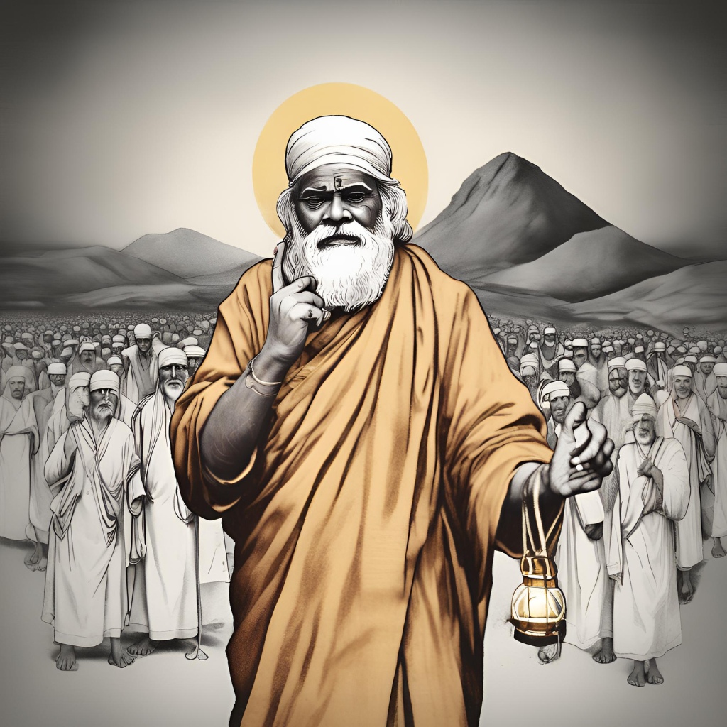 Sai Baba holding a lantern, lighting the path for his devotees at night.