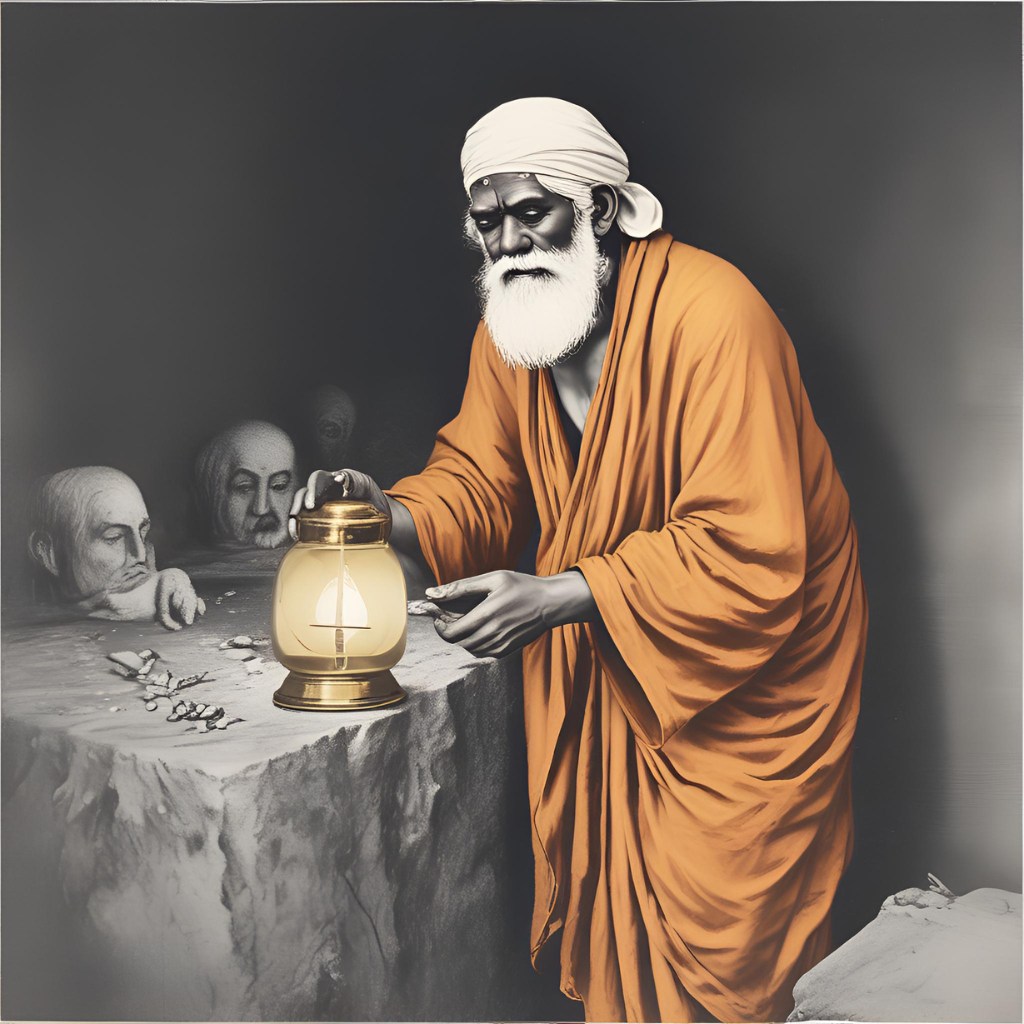 Sai Baba holding a lantern, lighting the path for his devotees at night.
