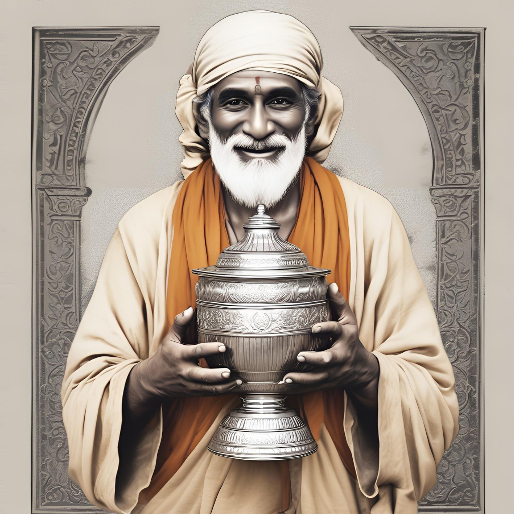 Sai Baba holding a silver urn with a kind and peaceful smile.