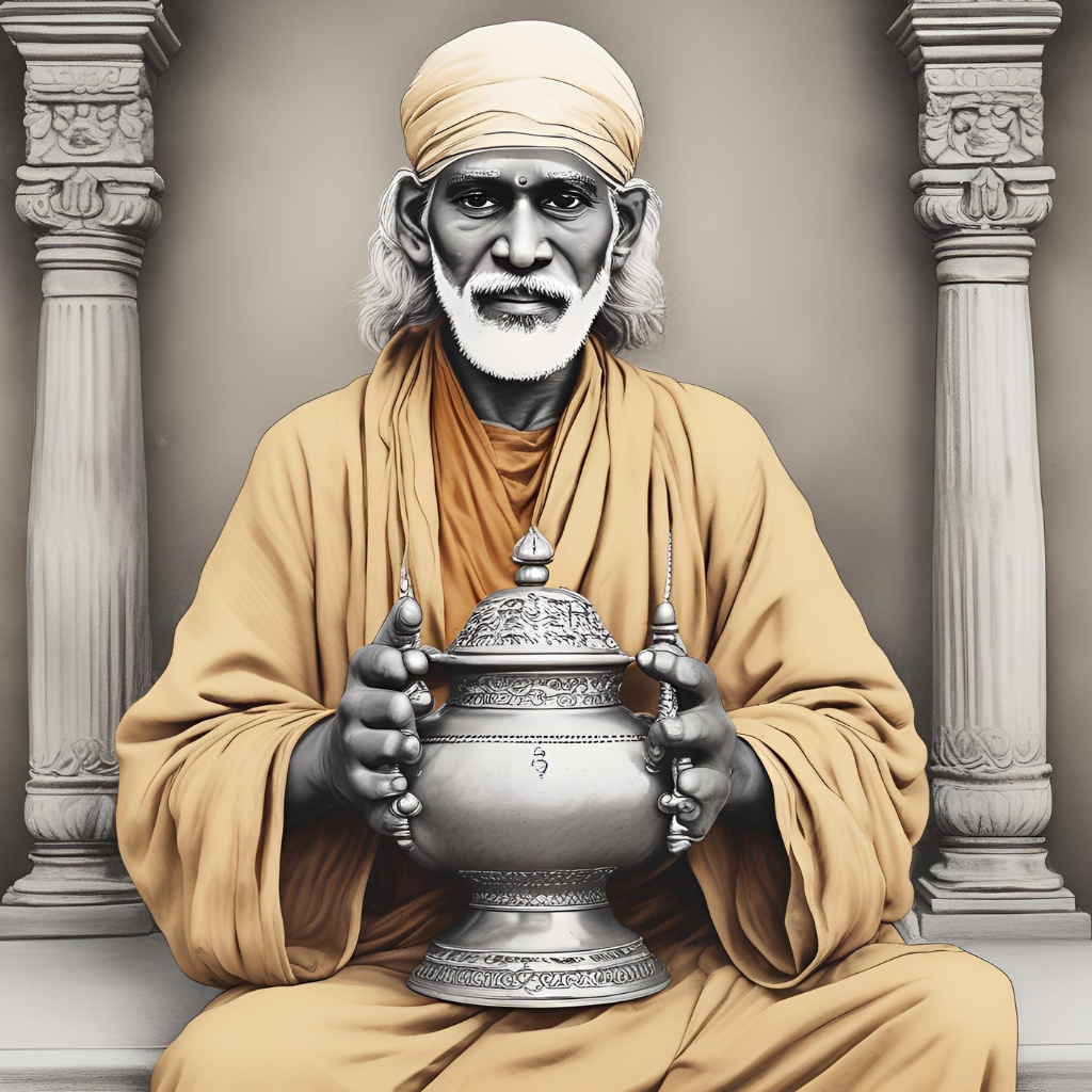 Sai Baba holding a silver urn with a kind and peaceful smile.