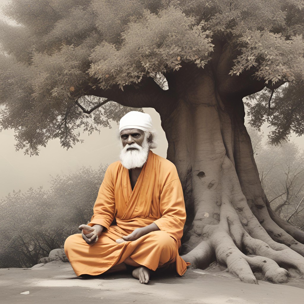 Sai Baba in deep meditation beneath a tree in a natural, peaceful setting.