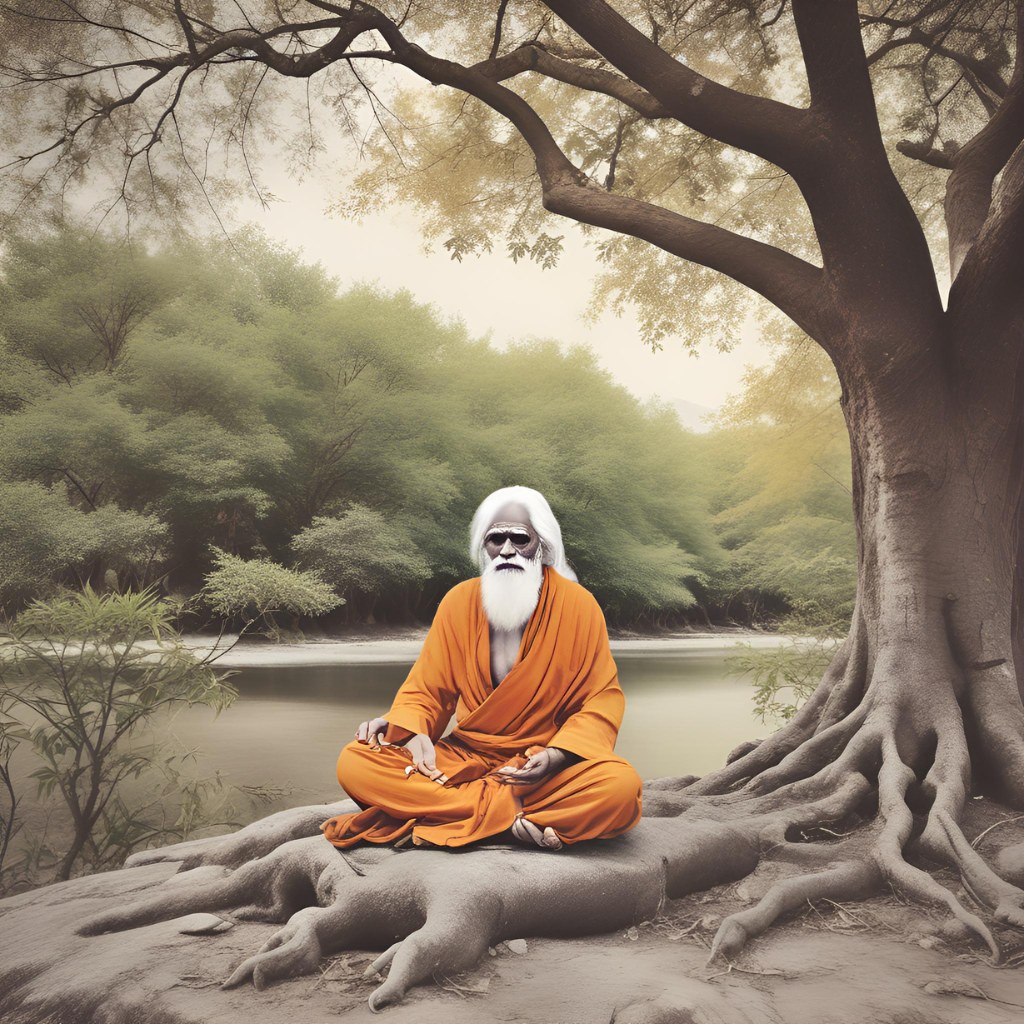 Sai Baba in deep meditation beneath a tree in a natural, peaceful setting.