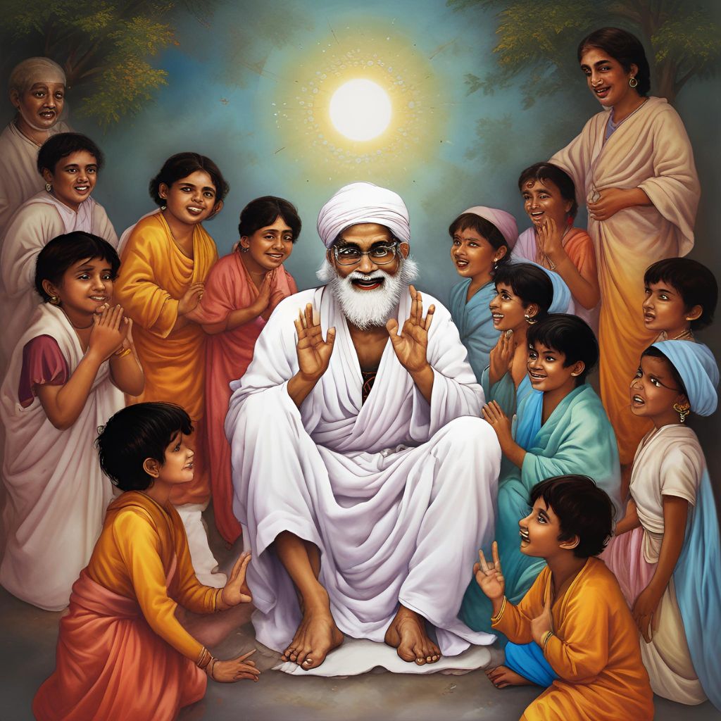Sai Baba interacting with children in a playful, joyful atmosphere.