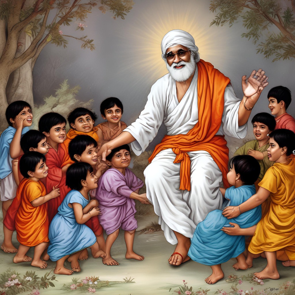 Sai Baba interacting with children in a playful, joyful atmosphere.