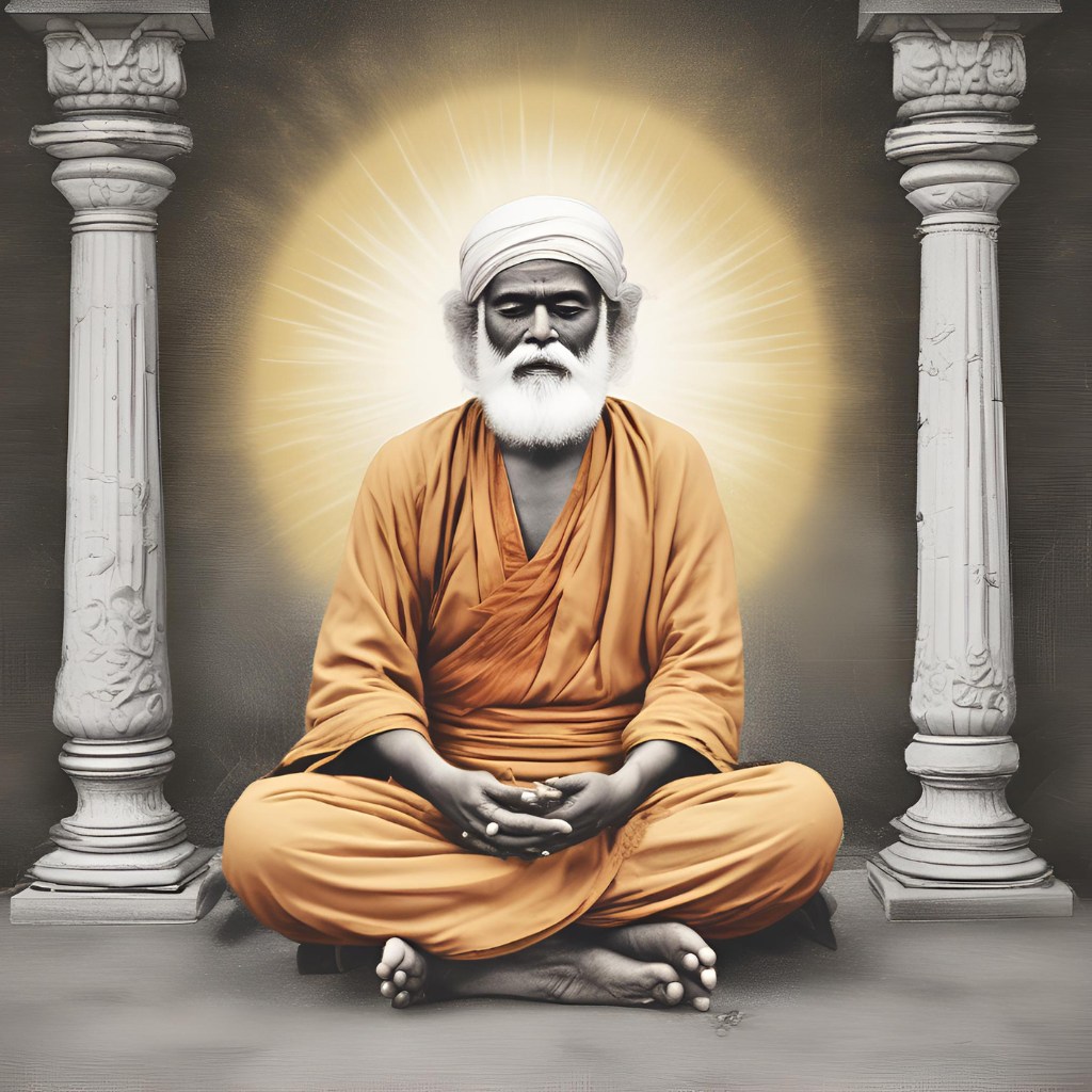 Sai Baba meditating in a modern environment with light glowing around him.