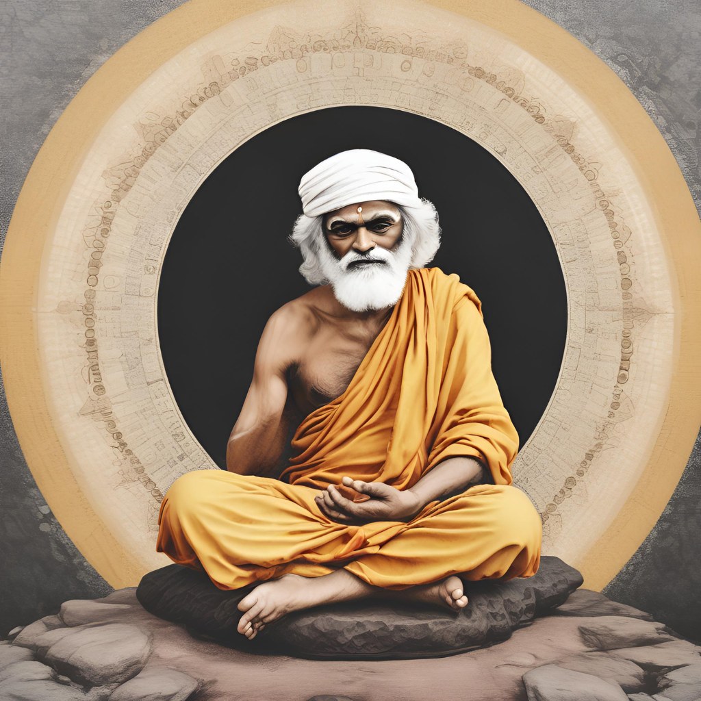 Sai Baba in deep meditation, surrounded by modern light and energy.
