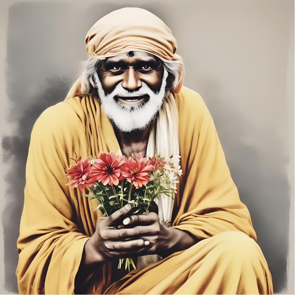 Sai Baba offering a flower to a devotee, radiating warmth and compassion.