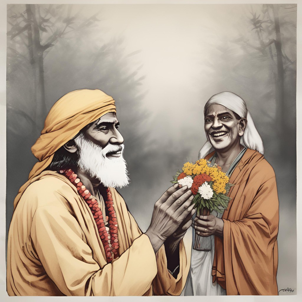 Sai Baba offering a flower to a devotee, radiating warmth and compassion.