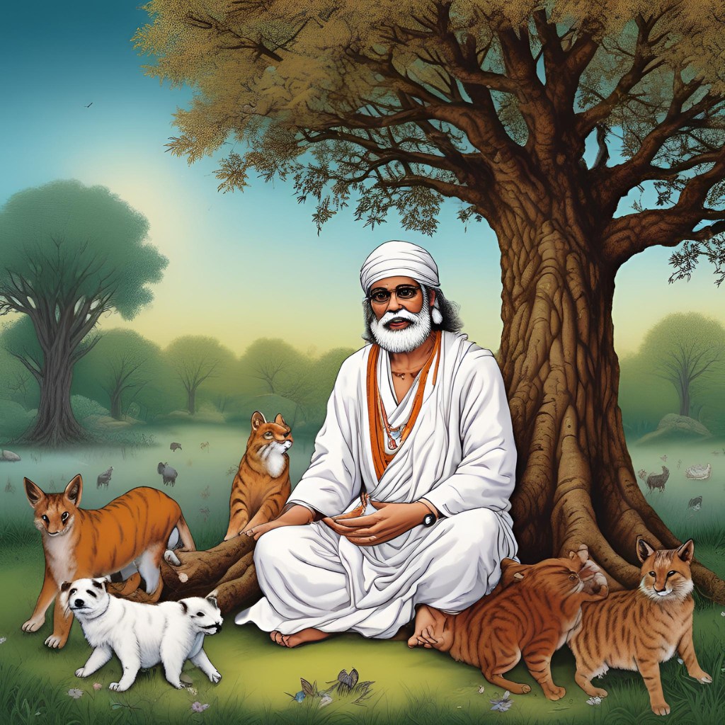 Sai Baba sitting peacefully under a tree, surrounded by nature and animals.