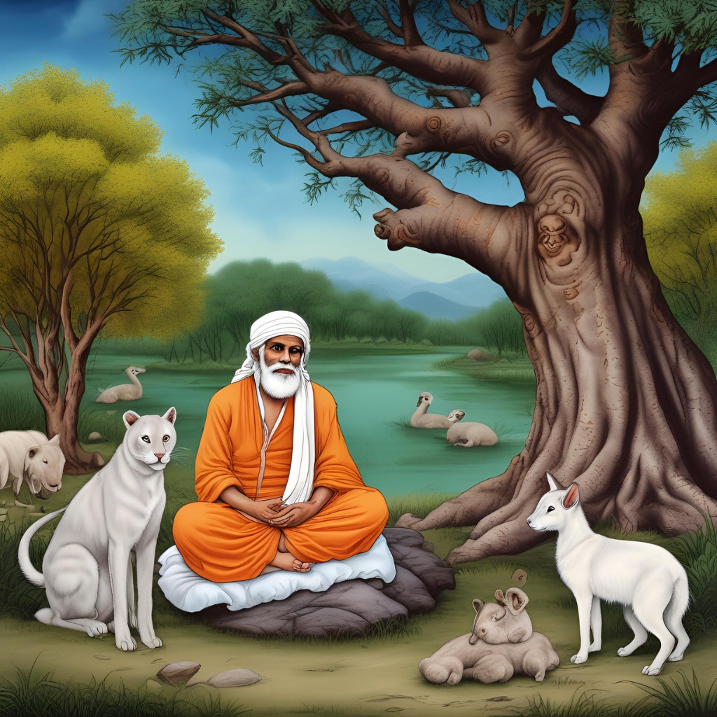 Sai Baba sitting peacefully under a tree, surrounded by nature and animals.