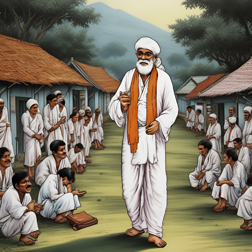 Sai Baba walking through a village with villagers offering respect and bowing.