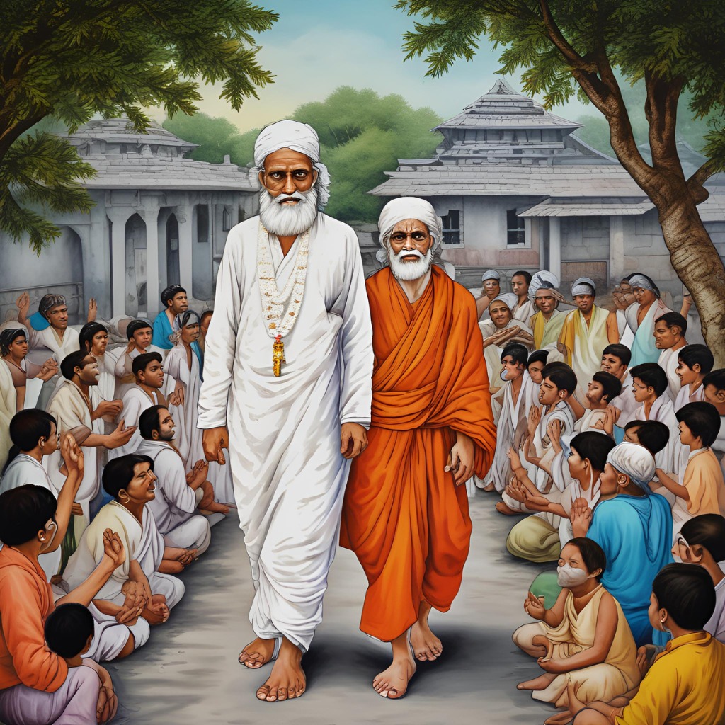 Sai Baba walking through a village with villagers offering respect and bowing.